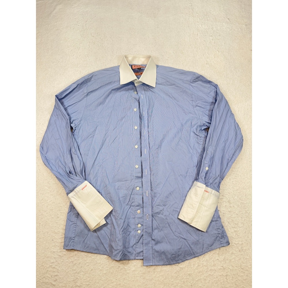 Thomas Pink Slim Fit 2 Dress Shirt Blue Stripe White Contrast Collar Cuffs 16 41